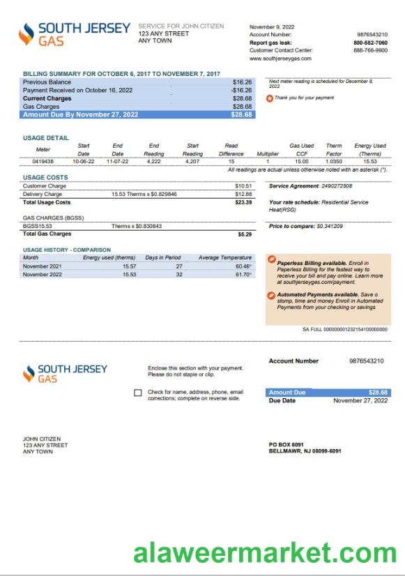 USA New Jersey South Jersey Gas utility bill template in Word and PDF format